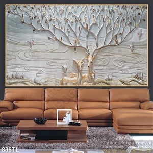 Tranh lụa 3D hươu nai decor độc đáo