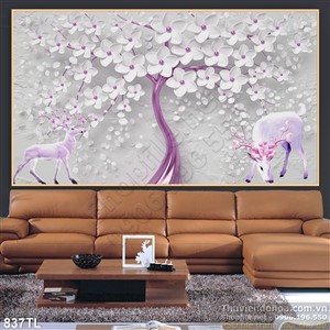 Tranh lụa 3D hoa Mai và hươu nai treo tường đẹp