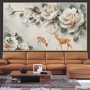 Tranh lụa 3D hoa hồng và hươu nai