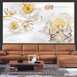 Tranh lụa 3D chim thiên nga và hoa ngọc