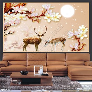 Tranh lụa 3D hươu nai và trăng đẹp