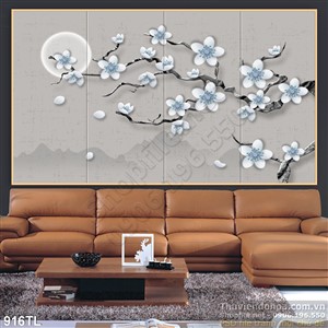 Tranh lụa 3D hoa mai và ánh trăng