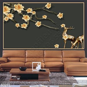 Tranh lụa 3D hươu nai và hoa đẹp độc lạ