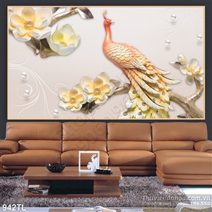 Tranh lụa 3D chim công và hoa mai đẹp