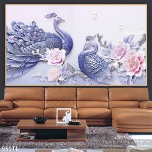 Tranh lụa 3D chim công và hoa mẫu đơn phong thủy