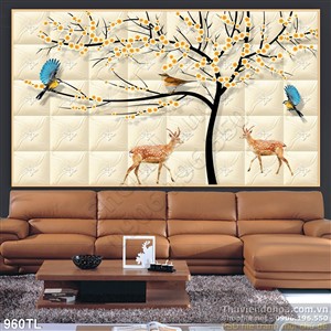 Tranh hươu nai và hoa trang trí đẹp