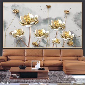 Tranh lụa 3D hoa Sen vàng trang trí dán tường