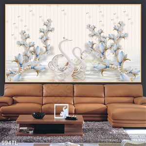 Tranh lụa 3D hoa và chim thiện nga hiện đại