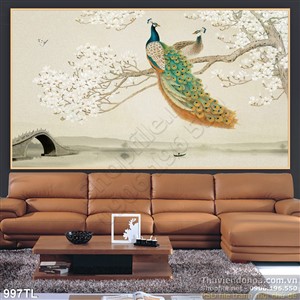 Tranh chim công và hoa mai trang trí tường đẹp