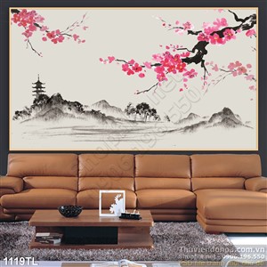 Tranh thư pháp hoa đào trang trí đẹp