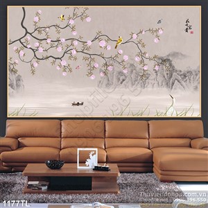 Tranh hoa đào thư pháp đẹp