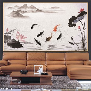 Tranh thư pháp cá chép và hoa sen