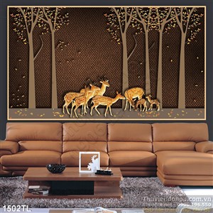 Tranh lụa 3D hươu nai nghệ thuật trang trí phòng khách