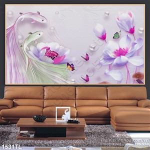 Tranh lụa 3D cá và hoa trang trí phòng khách đẹp