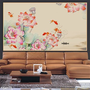 Tranh hoa Sen cá chép phong thủy mới nhất