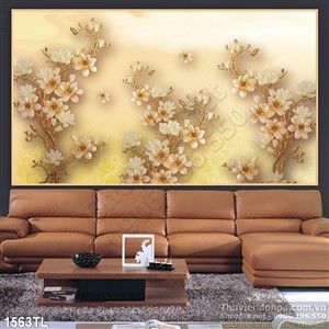 Tranh hoa đào kim tiền trang trí phòng khách đẹp