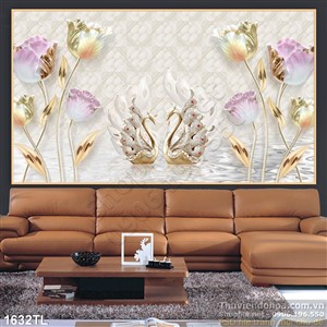 Tranh hoa Sen và chim thiên nga trang trí phòng khách