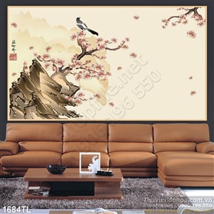Tranh hoa Đào và chim sẻ trang trí