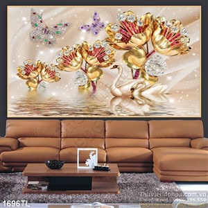 Tranh lụa 3D chim thiên nga và hoa vàng