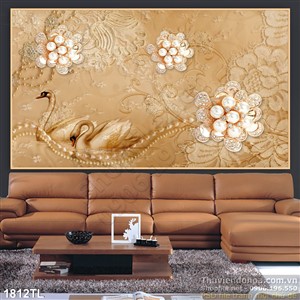 Tranh chim thiên nga và hoa mai đẹp