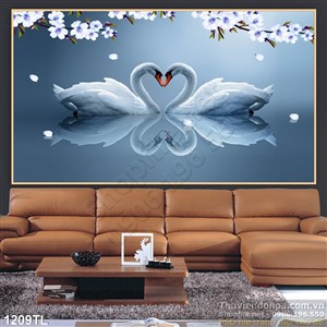 Tranh chim thiên nga và hoa mùa xuân
