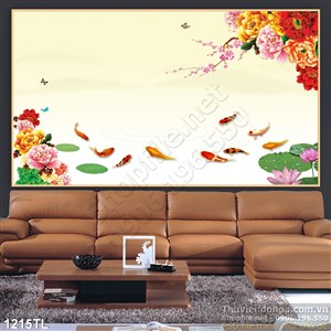 Tranh cá chép và hoa mẫu đơn đẹp độc đáo