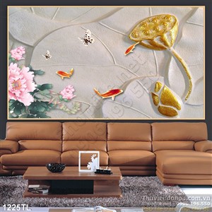 Tranh cá chép và hoa sen đẹp trang trí phòng khách