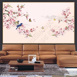 Tranh hoa đào và chim én trang trí tường