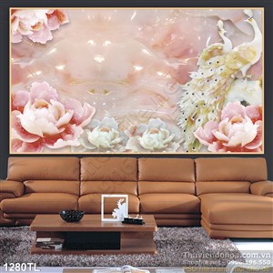 Tranh giả ngọc hoa Sen và chim công đẹp