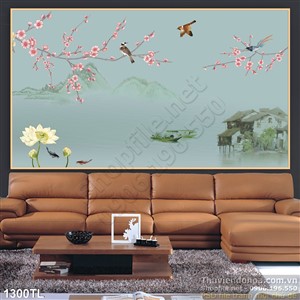 Tranh hoa đào và chim én mùa xuân