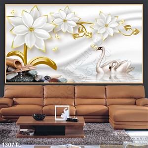 Tranh lụa 3D hoa lan và chim thiên nga