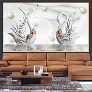 Tranh lụa 3D chim thiên nga và ngọc trai