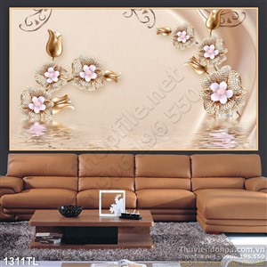 Tranh lụa 3D hoa đào nghệ thuật trang trí phòng khách
