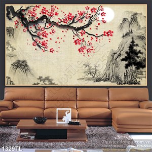 Tranh thư pháp hoa đào trang trí treo tường đẹp