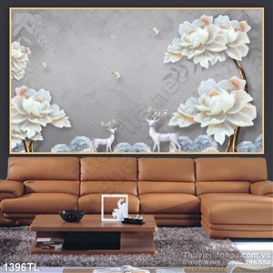 Tranh lụa 3D hươu nai và hoa mẫu đơn