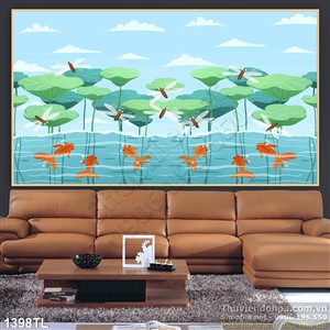Tranh decor cá chép và hoa sen