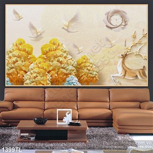 Tranh lụa 3D nươu nai trang trí tường phòng khách