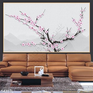 Tranh hoa đào thư pháp độc đáo