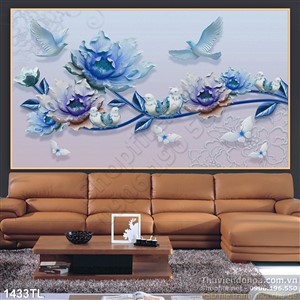 Tranh lụa 3D hoa và chim bồ câu