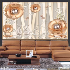 Tranh lụa hoa hồng và thiên nga