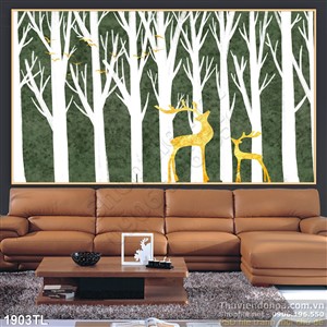 Tranh 3D nai và rừng cây nghệ thuật hiện đại