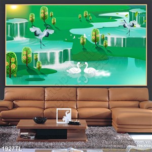 Tranh sơn dầu chim hạc và thiên nga