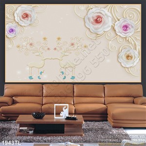 Tranh hươu nai và hoa hồng trang trí tường đẹp