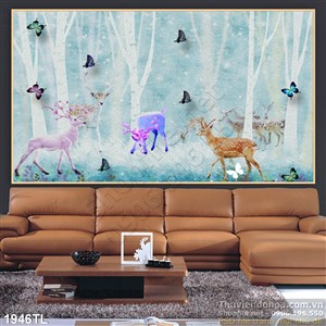 Tranh hươu nai in kính đẹp độc đáo