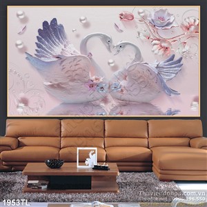Tranh lụa 3D chim thiên nga và hoa Sen trang trí đẹp