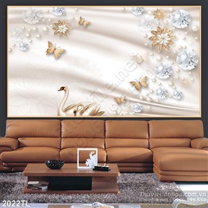 Tranh lụa 3D chim thiên nga và hoa