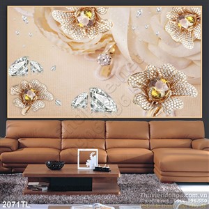 Tranh lụa 3D hoa hồng và kim cương trang trí phòng khách