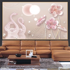 Tranh lụa 3D chim thiên nga và hoa đào