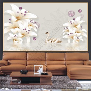 Tranh chim thiên nga và hoa trang trí tường