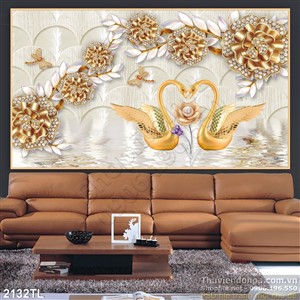 Tranh lụa 3D chim thiên nga vàng hoa hồng